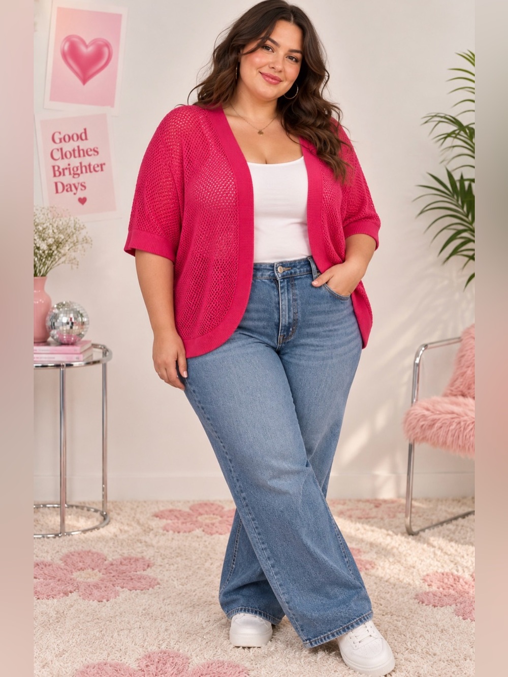 Catherines Bright Pink Open-Front Knit Cardigan 3X Plus size